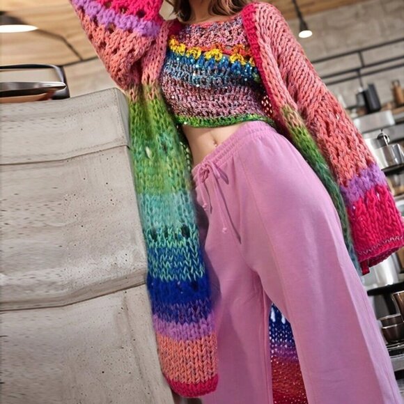 Pink Casual Women's Handknitted Boho Colorful Coat Bell Sleeve Crochet Kimono - Picture 6 of 6